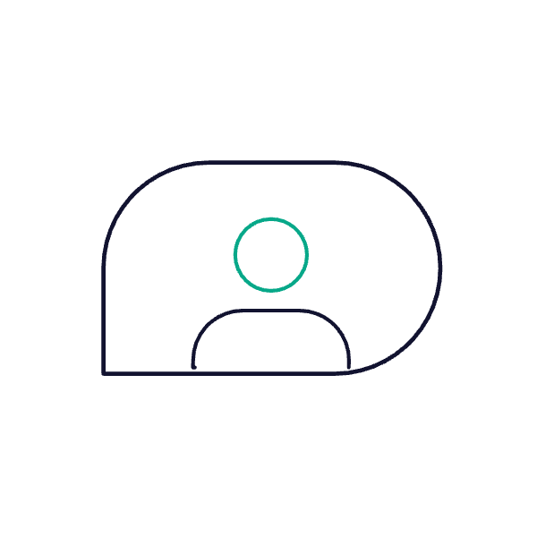 Minimalist icon showing a person inside a rounded, speech bubble-like shape. The person is represented by a simple green circle for the head and a curved line for the shoulders, with black outlines.